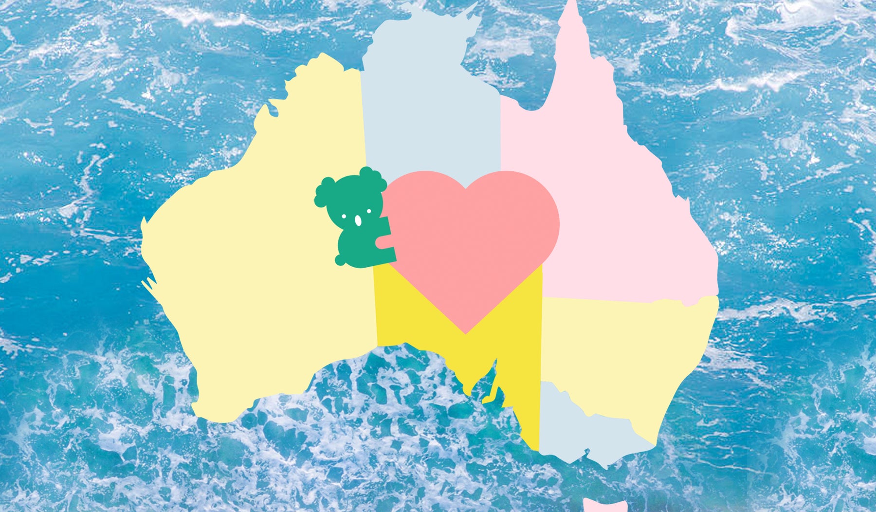 map of Australia over water with koala heart graphic