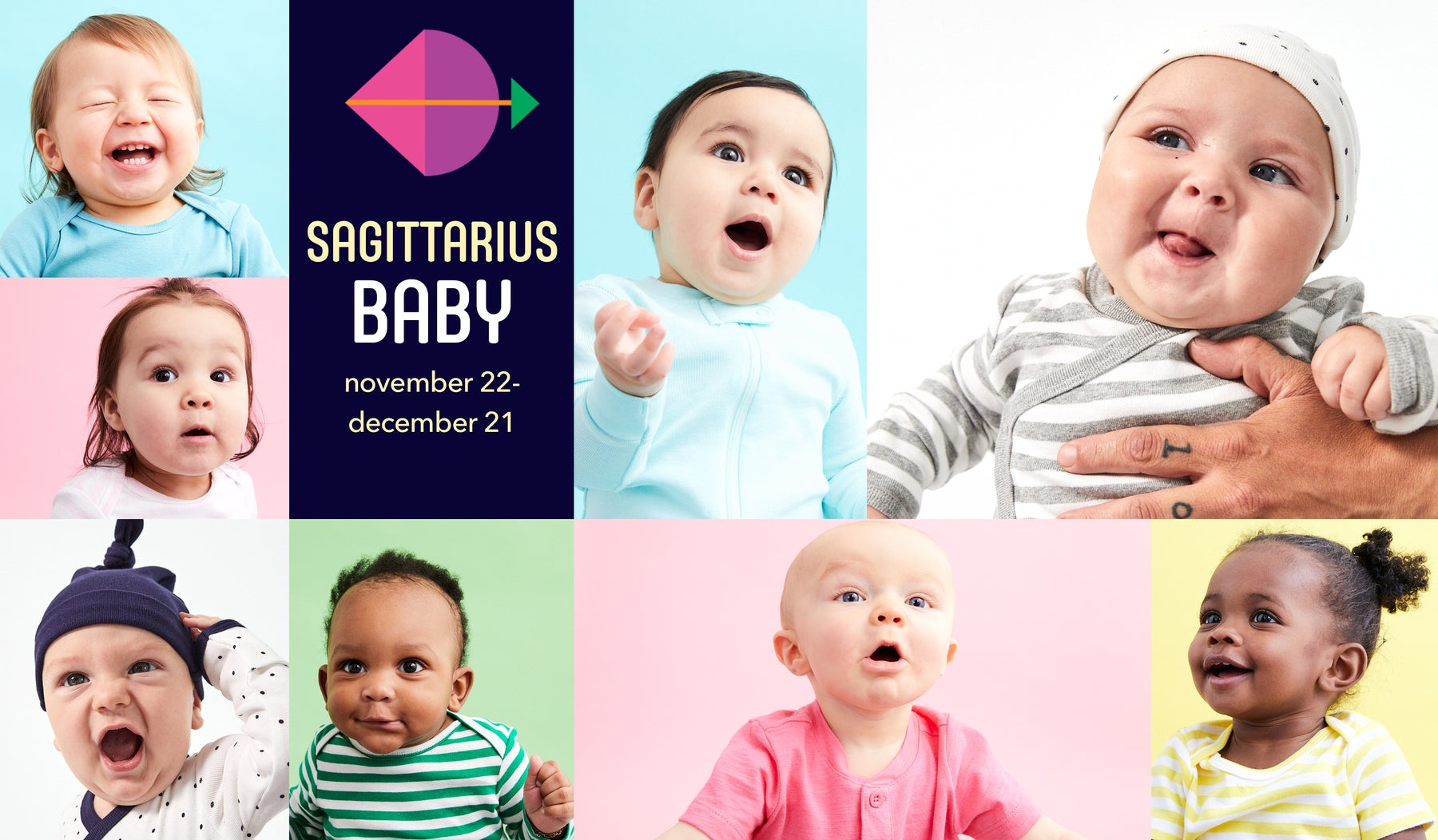 collage of close up portraits of babies in colorful clothing on colorful backgrounds