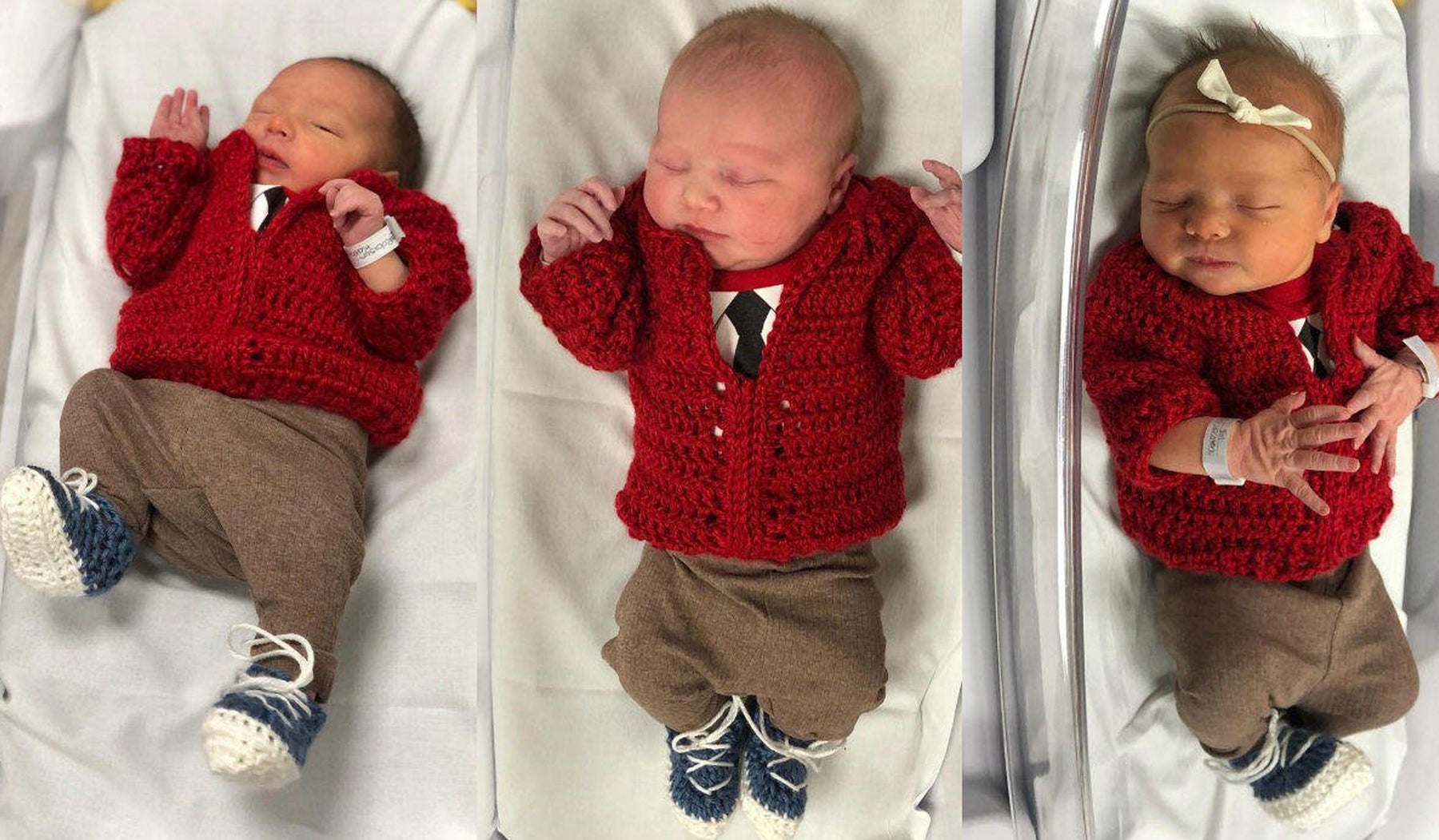 three newborn babies dressed as mister rogers