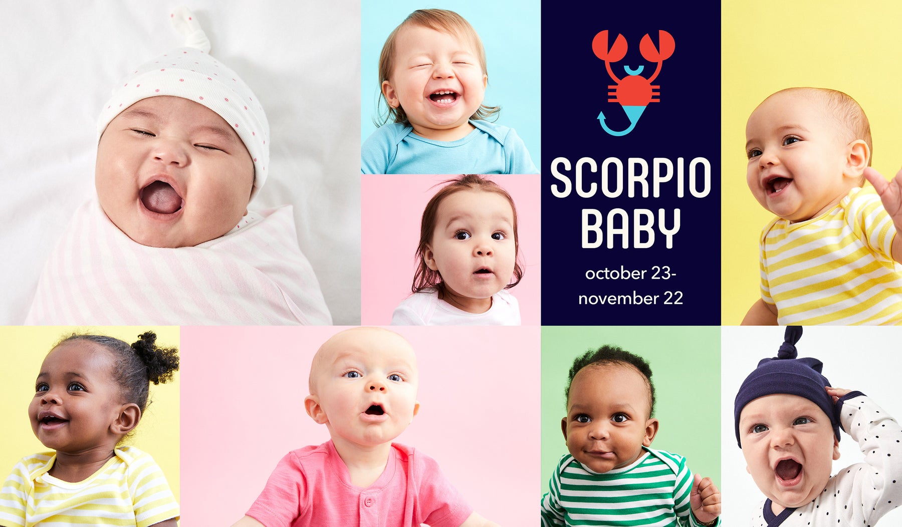 collage of close up portraits of babies in colorful clothing on colorful backgrounds